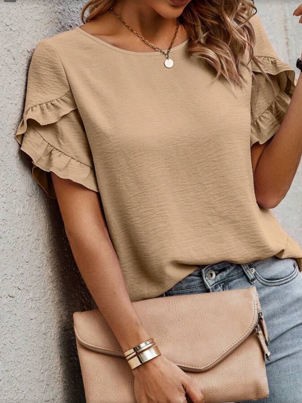 Tan Ruffle Sleeve Blouse - Picture 1 of 16